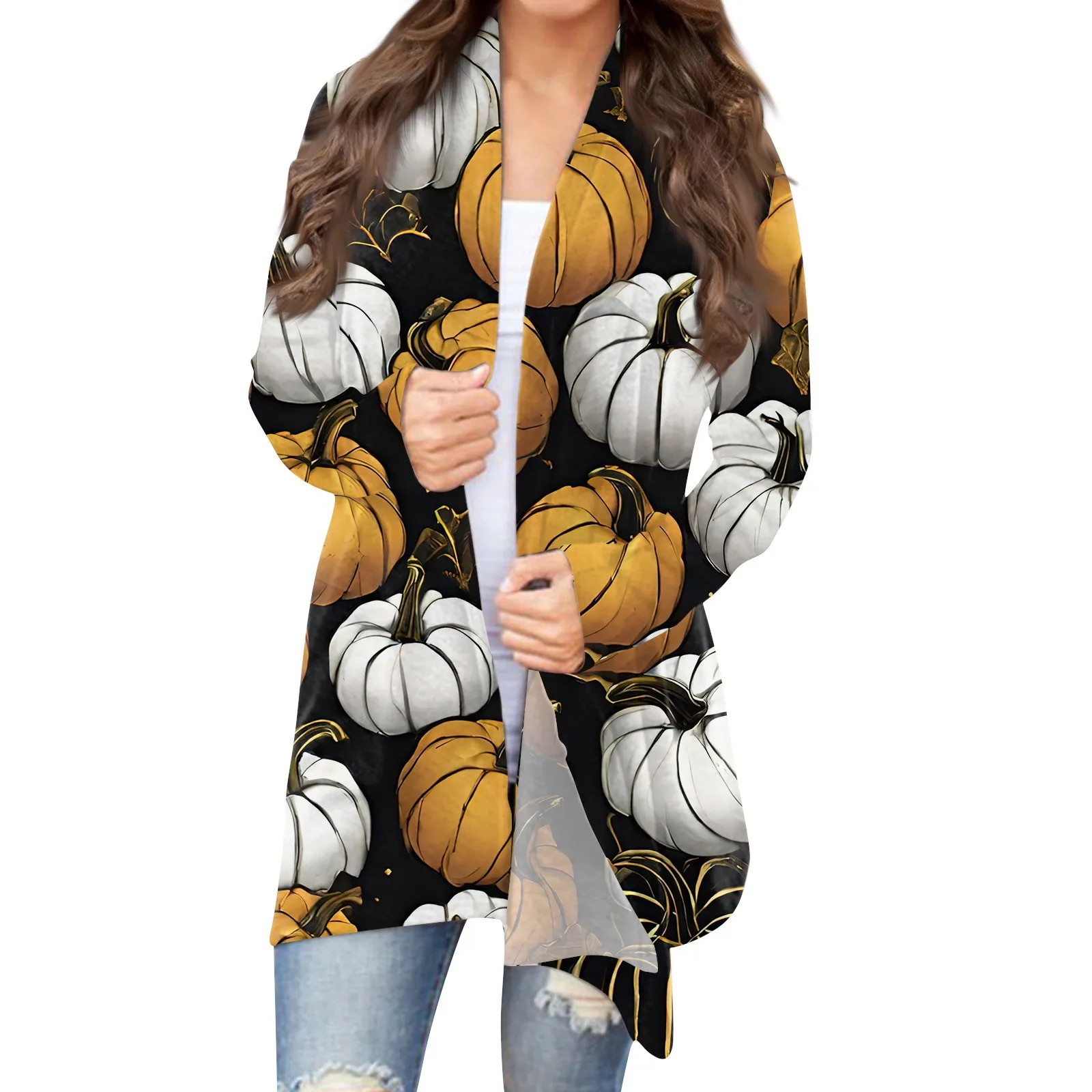 Tops Mujer Women\'S Fashion Casual Halloween Printed Long Sleeve Mid-Length Cardigan Jacket Tops Roupas Feminina Roupa Feminina