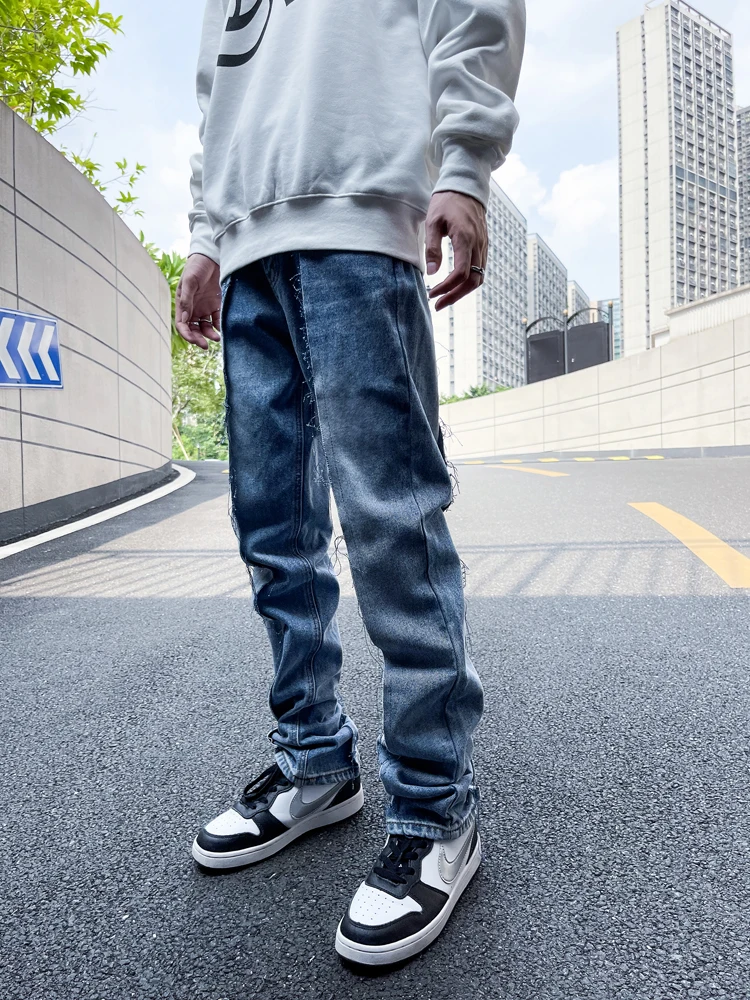 

Новые мужские джинсы прямого кроя в стиле хип-хоп, модные брендовые брюки с эффектом потертости, из смесового хлопка и полиэстера