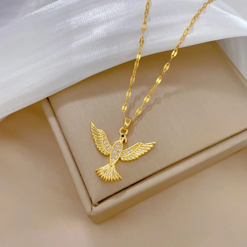 LUCKY99 Fashion Full Inlay Zircon Soaring Eagle Necklace For Women Stainless Steel Chain Animals Little Birds Pendant Necklaces