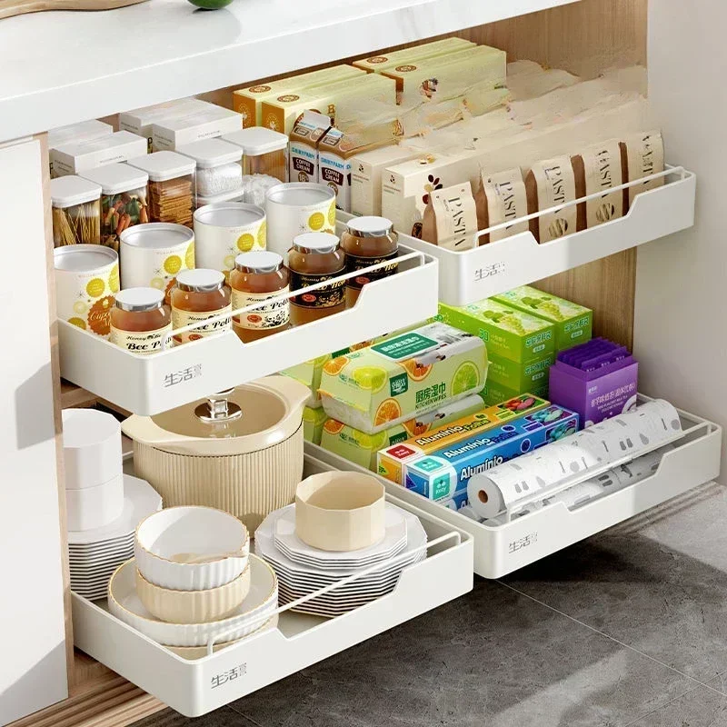 Kitchen Storage Rack with Slide Rails Pull-out Kitchen Drawer Type Storage Tray Spice Box Trays Storage Rack Cabinets Organizer