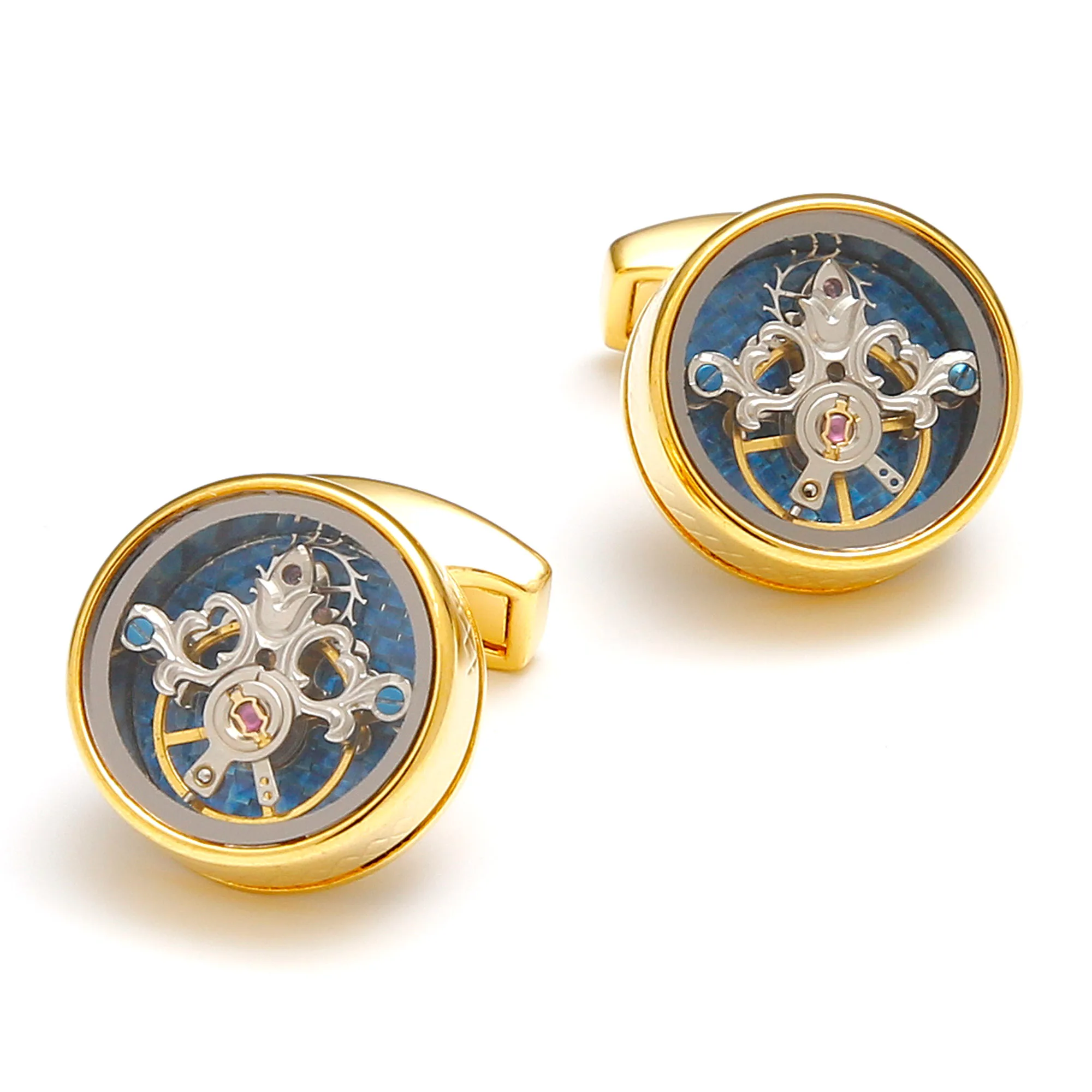 TOMYE Gold Round Mechanical Tourbillon Cufflinks for Men, Blue Skeleton Dial Luxury Business Wedding Gift Cuff Links for Him