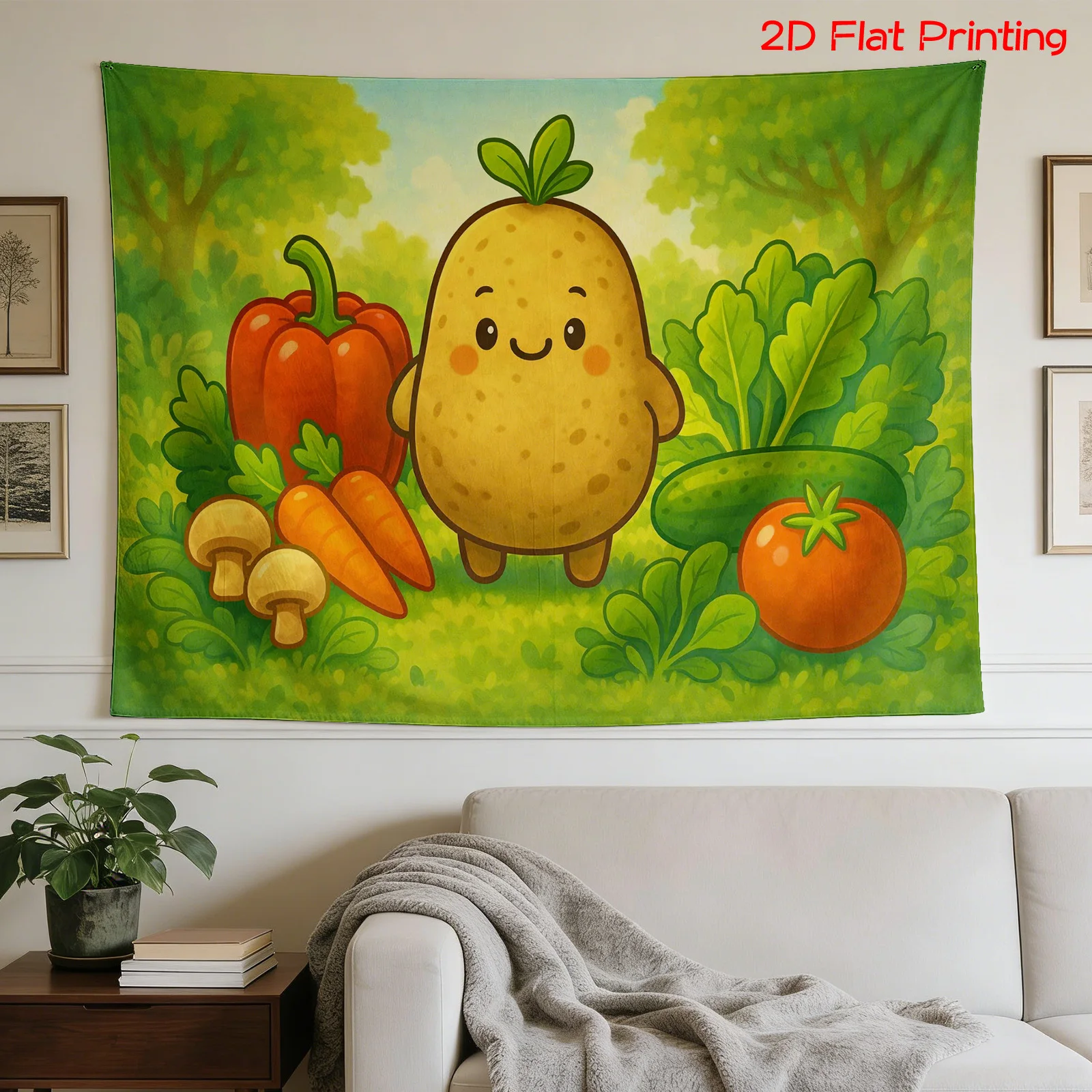 Cute Cartoon Vegetable Wall Tapestry Fabric Wall Hanging Polyester Home Decor Kitchen Garden Produce Art Whimsical Illustration