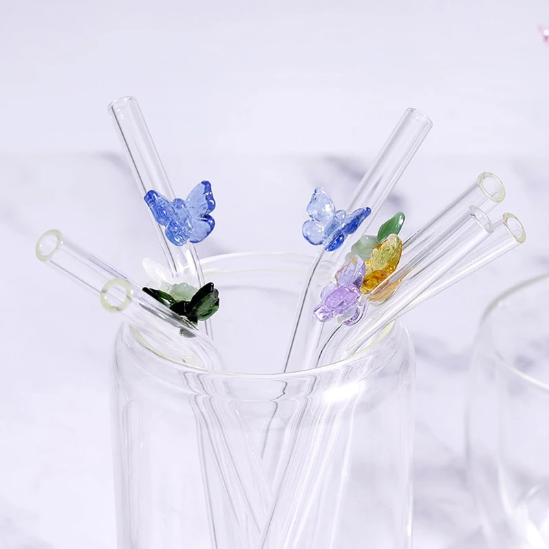 Reusable Butterfly Glass Straws Bar Tools For Smoothies Cocktails Tea Coffee Juicy Drinking Eco Friendly Drinkware with Brush