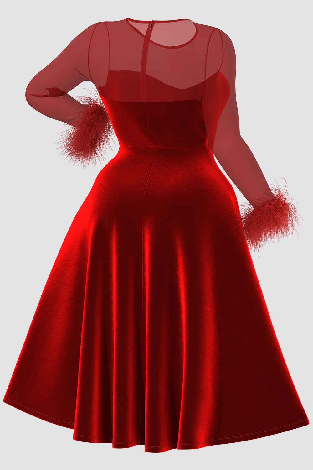 فساتين متوسطة الطول لحفلات الكوكتيل مقاس كبير أنيقة باللون الأسود للخريف والشتاء ورقبة دائرية وأكمام طويلة شفافة من خلال فساتين متوسطة الطول مخملية #4