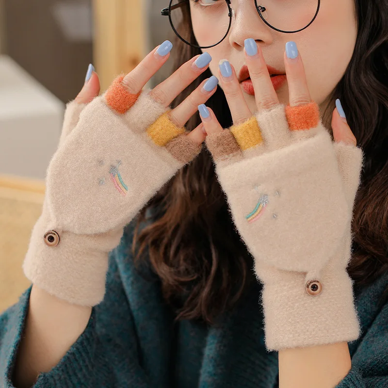 Flip-Top Dual Purpose Gloves Women Embroidered Rainbow Half-Finger Gloves Winter Students Knitted Thick Warm Gloves For Women