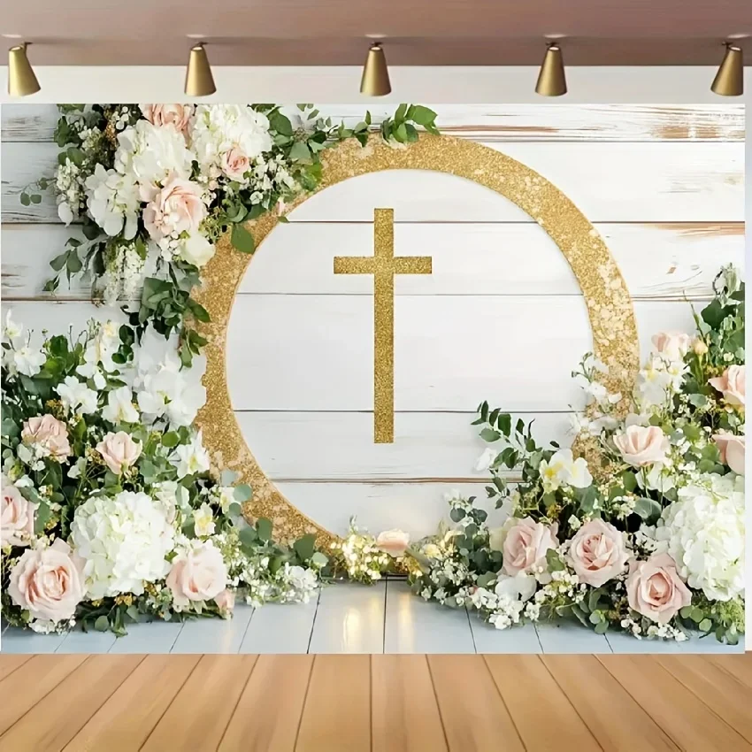 Eleganter Blumentopf und Erstkommunion-Hintergrund – Goldring und Kreuzdesign mit rosa Rosen und grünen Blättern