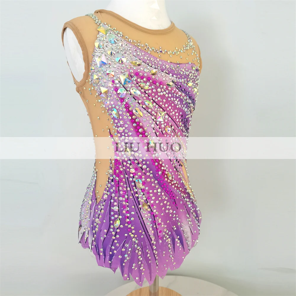 LIUHUO Vrouwen Ritmische Gymnastiek Maillots Meisjes Prestaties Pak Artistieke Schaatsen Jurk Danswedstrijd Mouwloos Paars