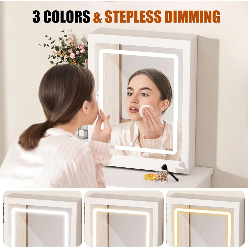 Vanity Desk with Mirror and Lights,Makeup Vanity with Extra Hidden Stroage,Makeup Desk with 4 Drawers 7 Open Shelves,Dressing