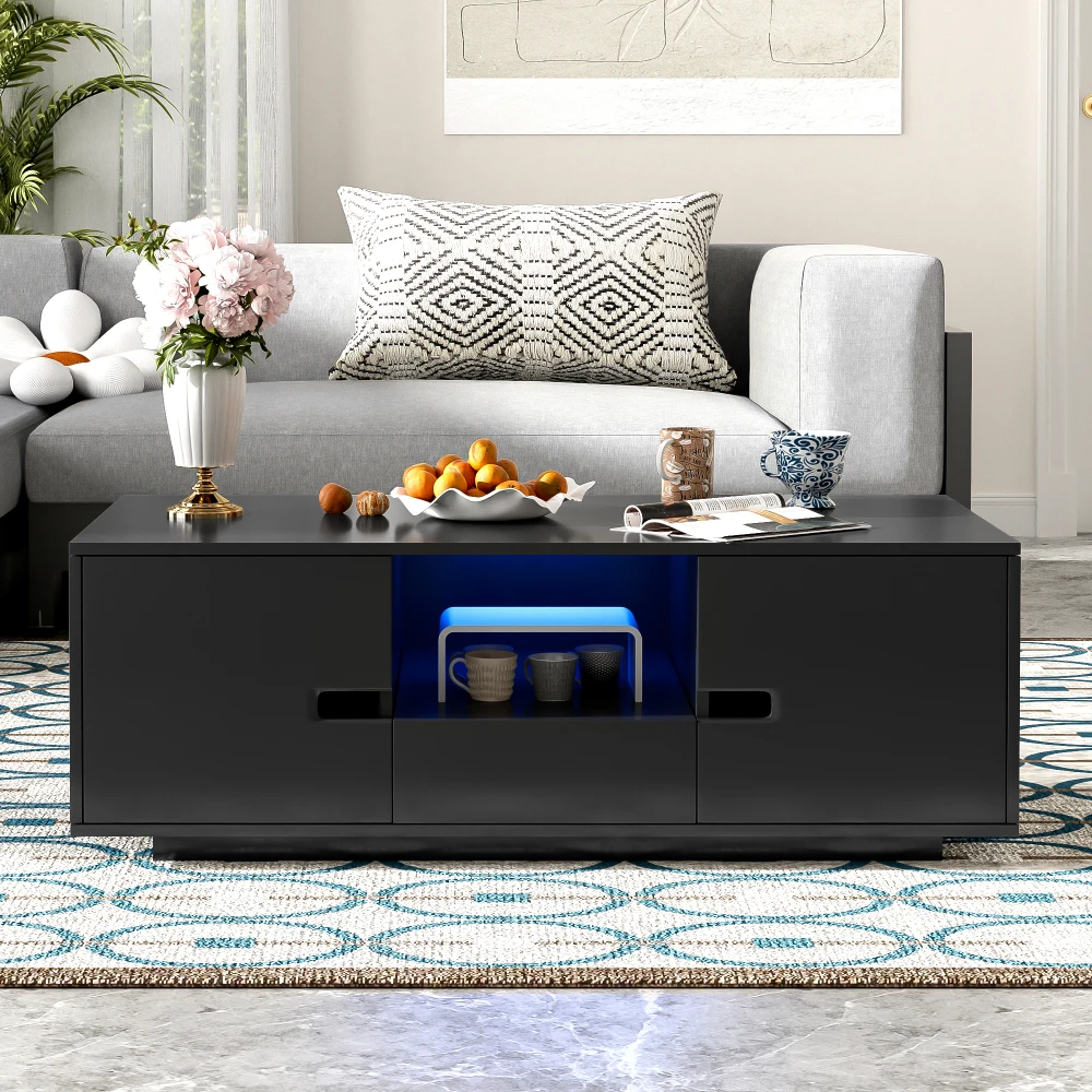 

U-Can Modern High Glossy Rectangle Coffee Table Stylish Center Table with Storage Space Accent Furniture 16 Color LED Lights