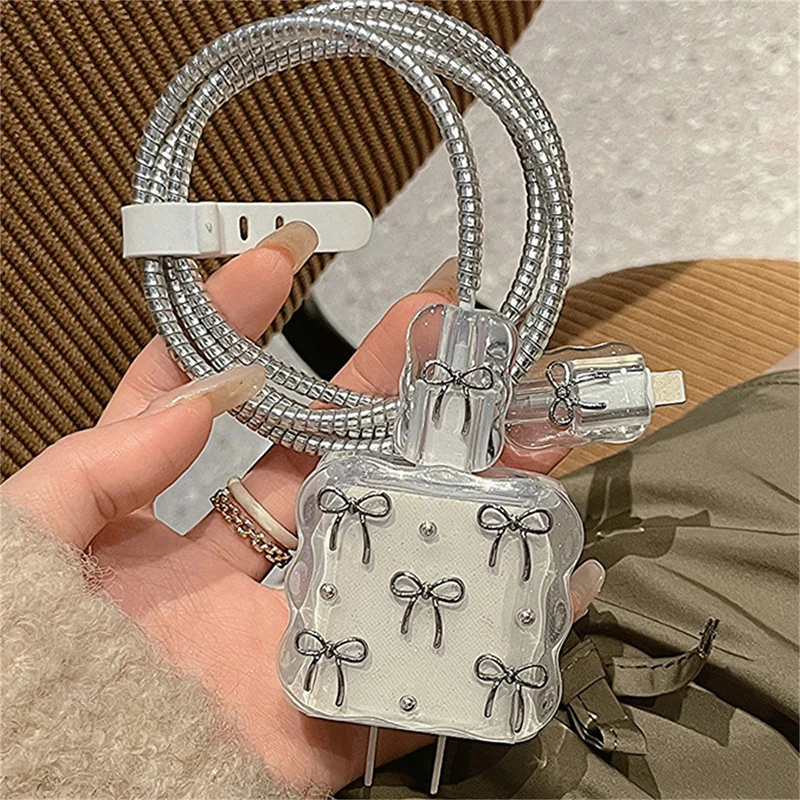 Cute 3D Clear Bowknot New USB Cable Protector Cover For Phone 18W-20W Data Line Bite Head Cord Fast Charging Case