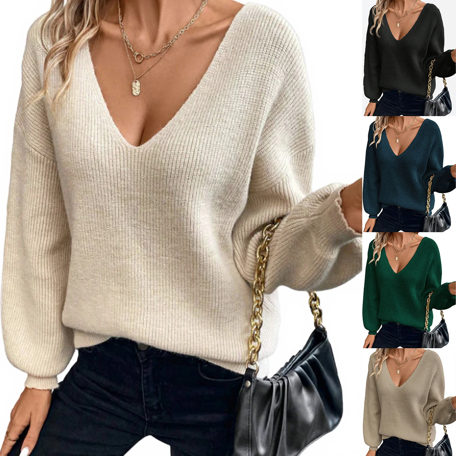 

Women Trendy Loose Sweater Casual Minimalist Solid Color V Neck Tops Lady High Elastic Elegant Temperament Daily Event Wearing