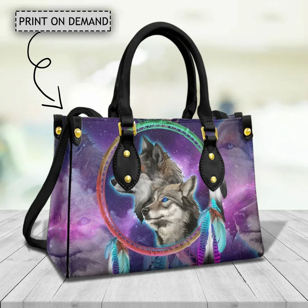 Bolso de mano con diseño de lobo Tribal para mujer, bandolera de cuero de primera calidad, atrapasueños, Retro, Galaxy, elegante