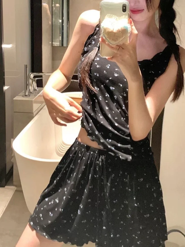 

Summer New Simple Floral Print Student Nightgown Women's Svel Cute Sweet Loose Home Clothes Set Casual Comfortable Cott...