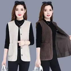 Large Size Lamb Plush Vest Women's Spring Autumn Outwear 2023 New Fur Sleeveless Jacket Middle Aged Female Waistcoat Casual Coat