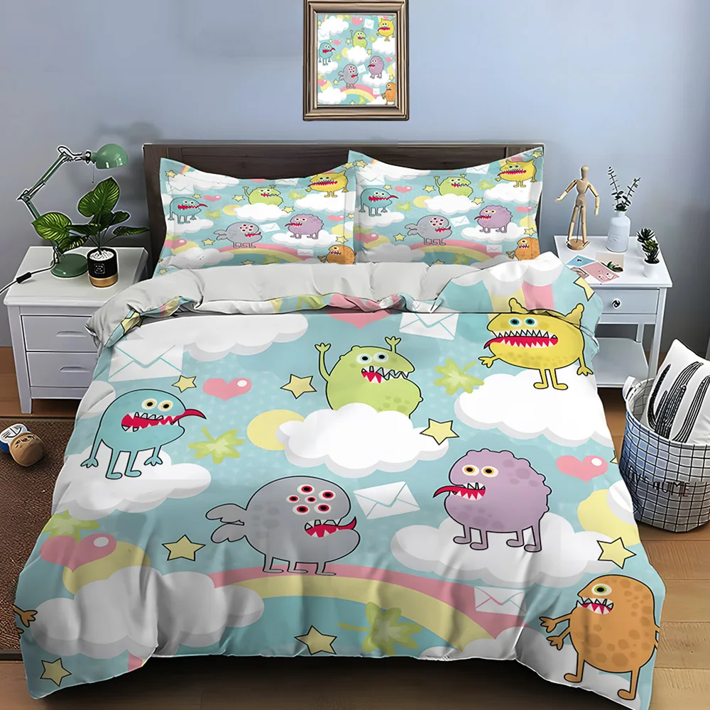 Cartoon monsters among clouds and rainbows Bedding Set for Kids Luxury Gift 3pcs Digital Print Comforter Set Soft Comfortable