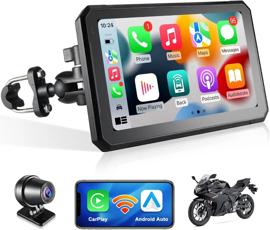 

Wireless CarPlay for Motorcycle 7 Inch Touchscreen with Wireless Android Auto, IP67 Waterproof Screen Portable Car Play with DVR