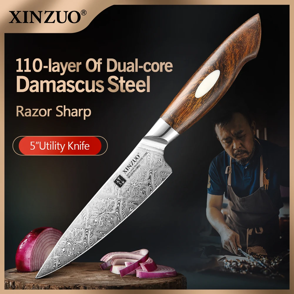 XINZUO 5'' Utility Knife 10Cr15CoMoV + 9Cr18MoV Dual-core Damascus Steel Kitchen Utility Knives for VegetablesParing Knife