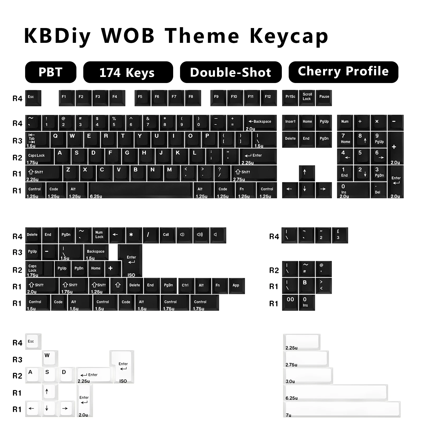 KBDiy GMK WOB Tastenkappe Cherry Profile Double Shot PBT ISO 7u Schwarz-Weiß-Tastenkappen für mechanische Tastatur Retro-Gaming-Tastenkappe