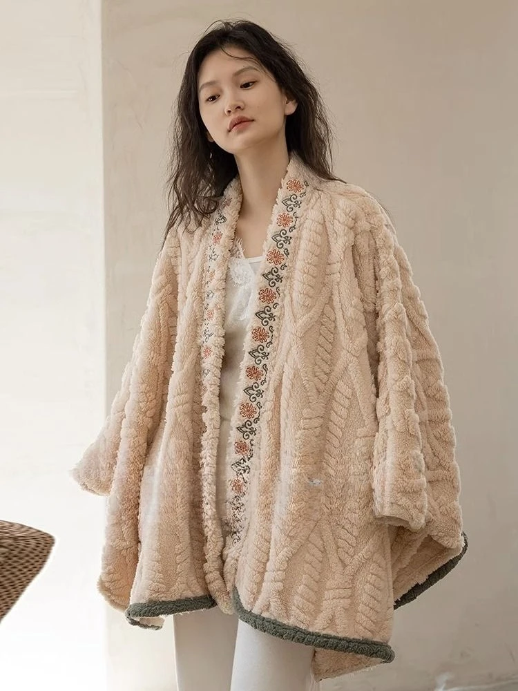 Retro Velvet Cardigan for Autumn and Winter  Loose Outer Layer Medium To Long Style Shawl Thick Cloak Nightgown Dress Jacket