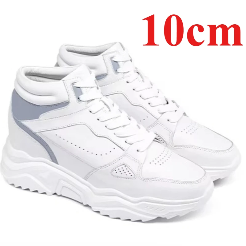 White Comfortable High-top Shoes Men's 10cm Elevator Shoes Genuine Leather Breathable Casual Thick Soled Height-increasing Shoes