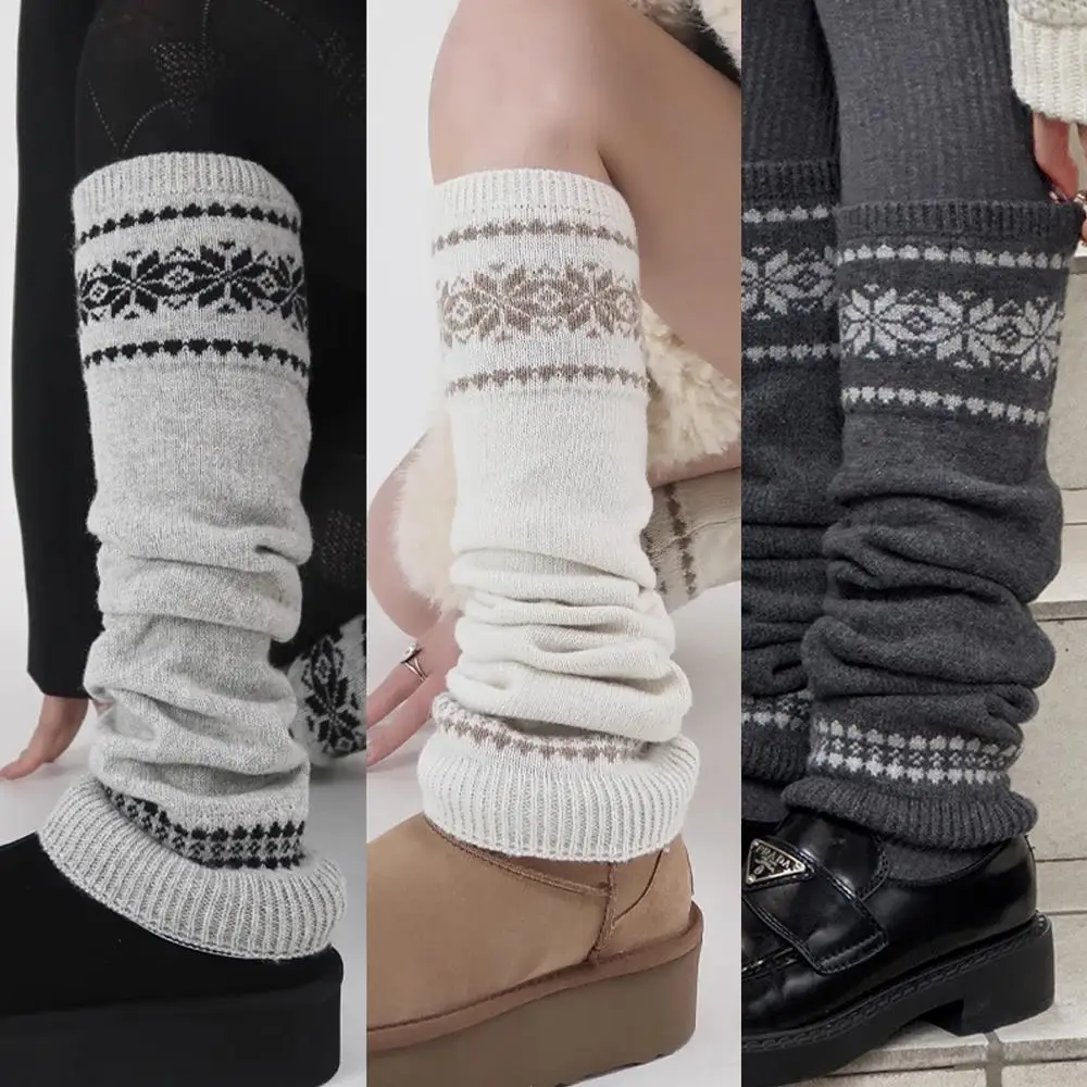 

Корейские женские носки, сложенные носки, вязаные снежинки, утягивающие и теплые серые чехлы на икры, теплые чехлы для ног в стиле ретро Spicy Girl