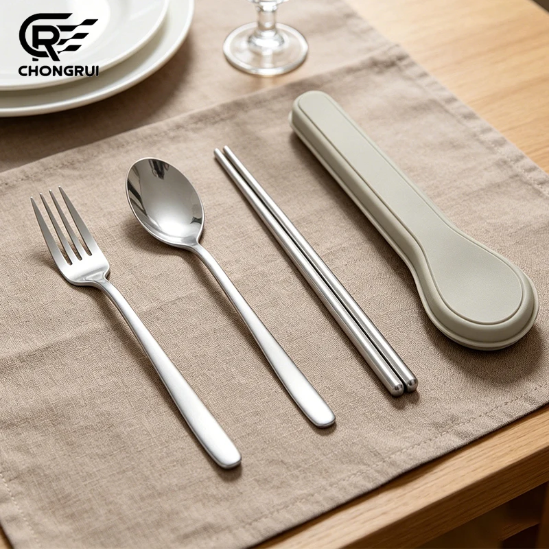 Portable 3Pcs Stainless Steel Cutlery Set Reusable Spoon Fork Chopstick Set with Storage Box Travel Tableware for Outdoor Picnic