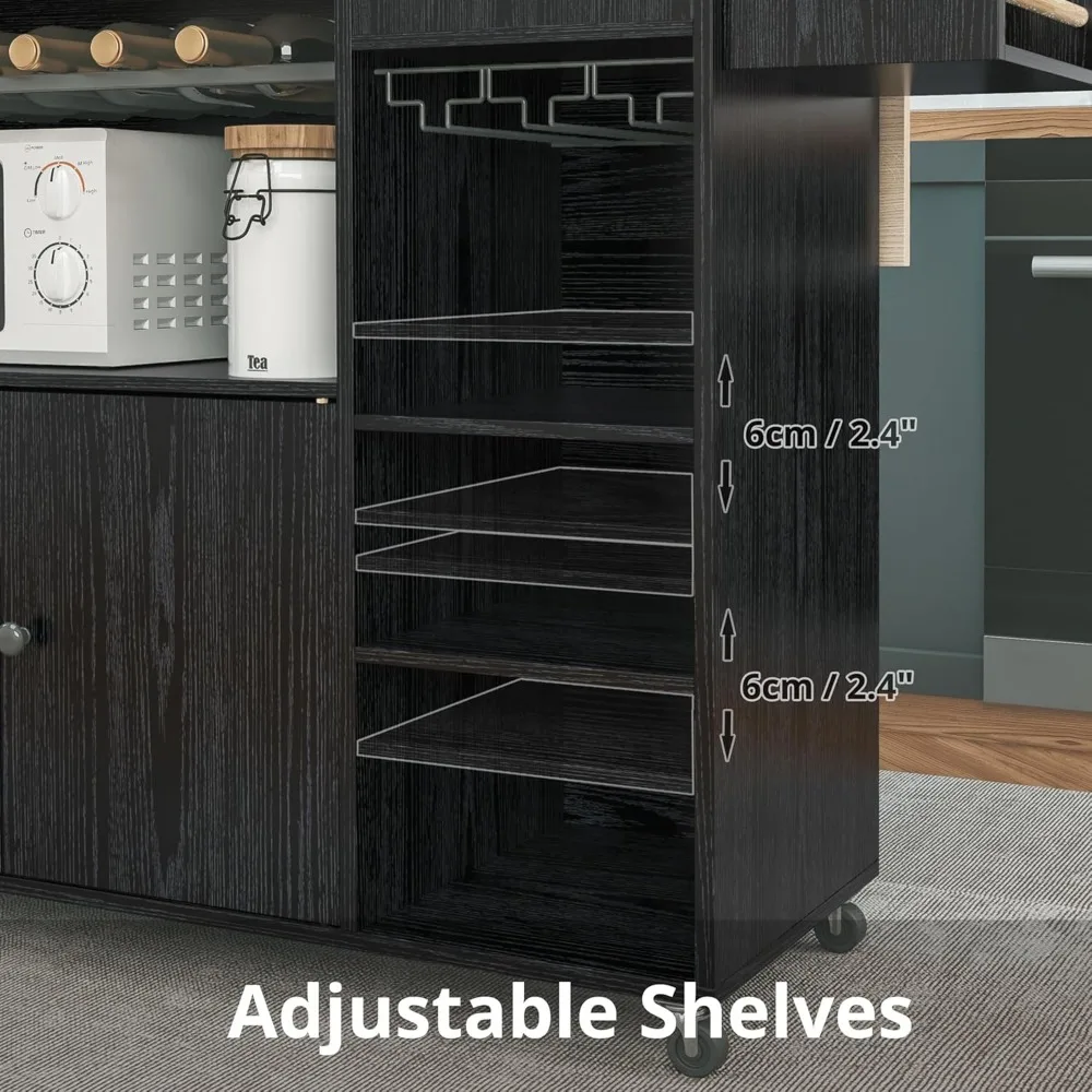 Carrello con isola da cucina con ribaltamento, portabottiglie, portabottiglie per microonde, cassetto e ripiani, nero