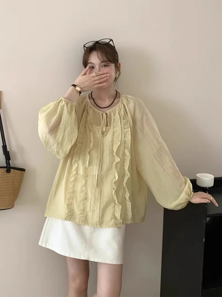 

Liangliang Gentle Wind Splicing Ear Musoom Ruffle Svel Sun Protection irt Women's Summer New Sweet Lantern Sve Top