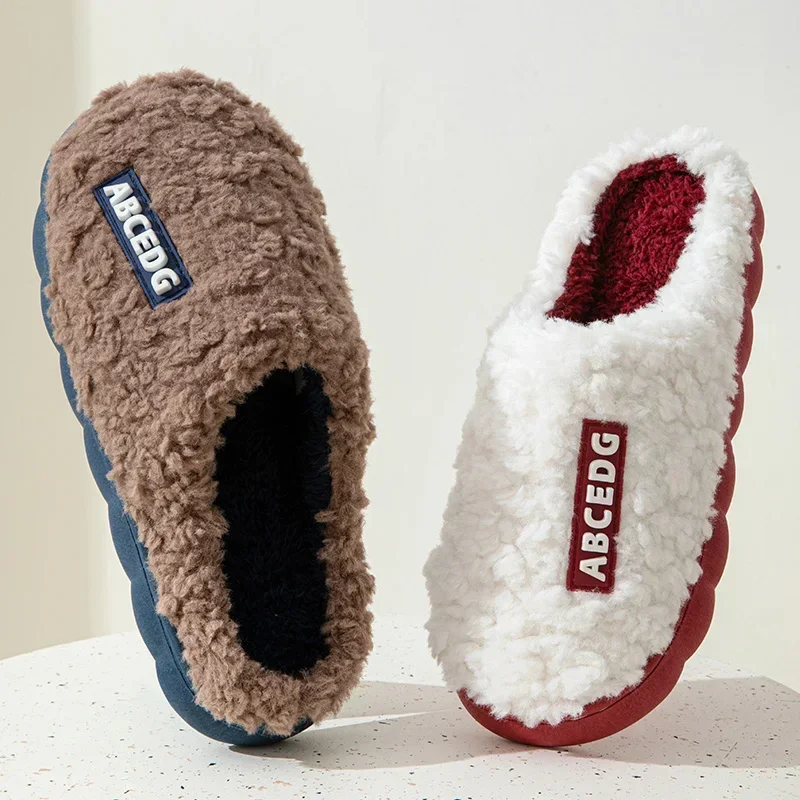 Autumn Winter Plush Warm Women Cotton Slippers Indoor Home Casual Toe Wrap Fluffy Slides Men Anti Slip Thick Platform Soft Shoes