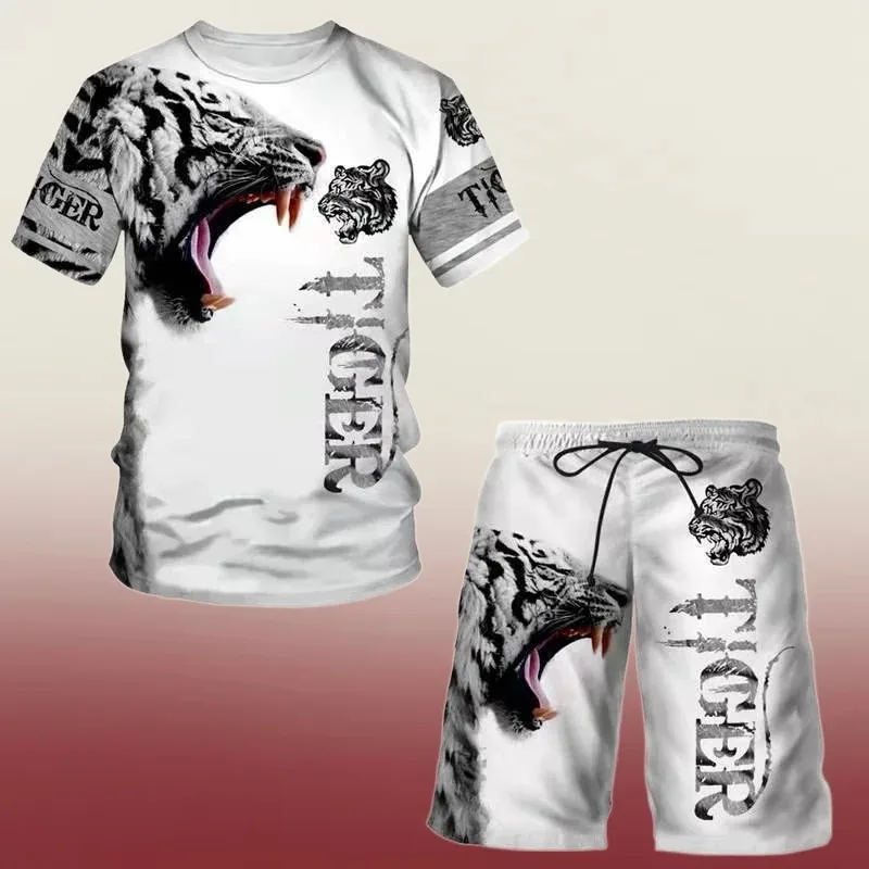 2025 New Summer Short Sleeved Round Neck 3D Printed Cool T-shirt and Shorts Set Top for Men's and Women's Casual Sportswear