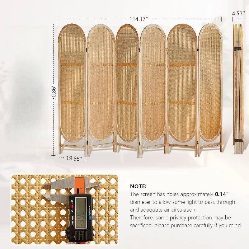 6 Panels Room Divider, Foldable Wooden Room Divider, Individual Privacy Screen Made of Hand-Woven Rattan, Portable Wall Divider