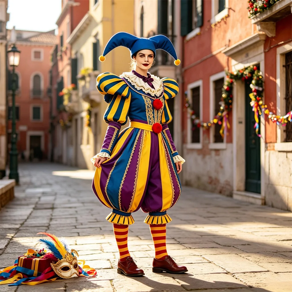 Costume de bouffon médiéval unisexe, style noblesse de la Cour Tudor, rayé bleu et jaune, tenue de harlequin, chapeau de bouffon, costume de clown pour le carnaval de Venise