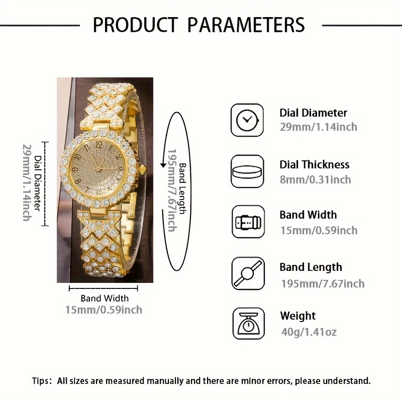 Glittering Luxury Rhinestone Womens Watch Set - Precise Quartz, Timeless Golden Fashion, 6-Piece Analog Wrist Watches & Jewelry