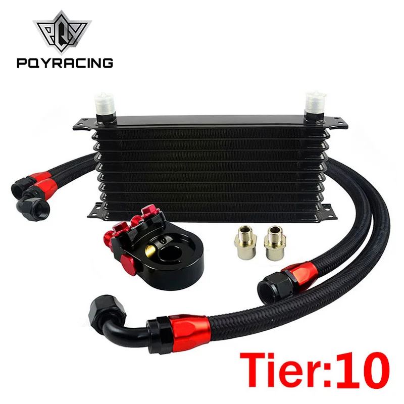 Universal 10 ROWS Trust type OIL COOLER KIT +AN10 Oil Sandwich Plate Adapter with Thermostat+2PCS BRAIDED HOSE