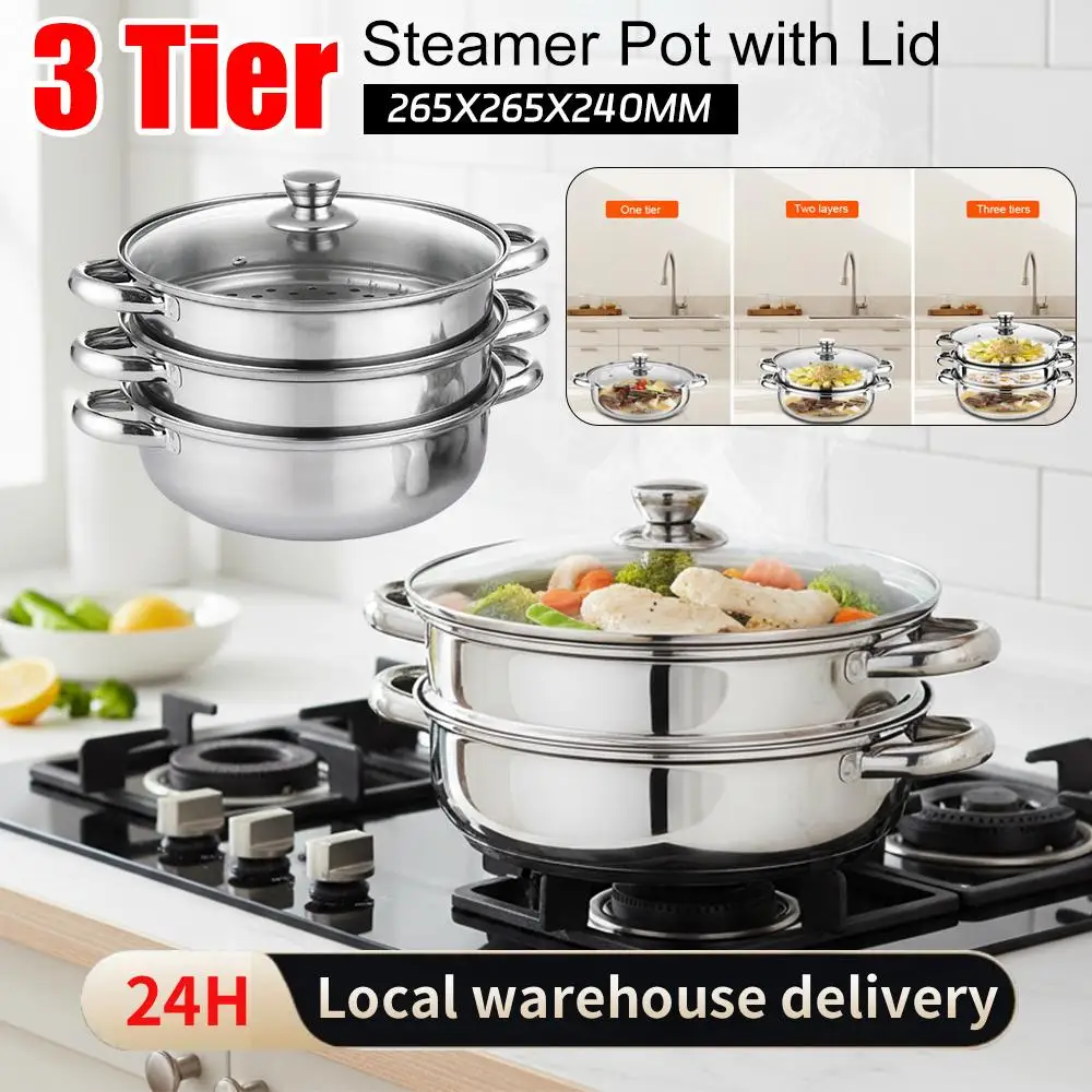 

3 Tiers Steamer Pot Stainless for Cooking Multipurpose Food Steamer Cooker with Lid for Vegetable Dumpling Stock Sauce Kitchen ﻿