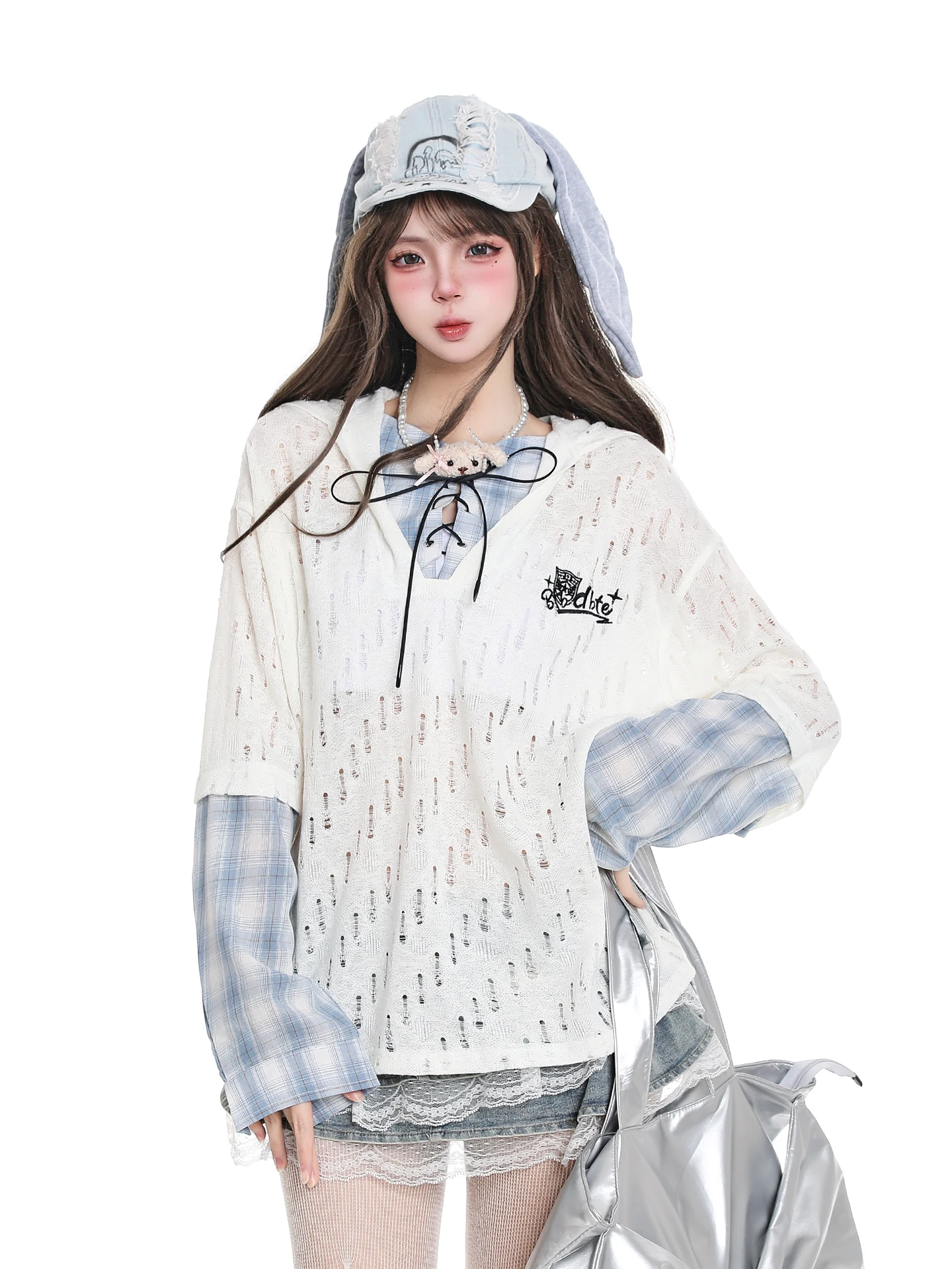 

American Retro Plaid Splicing Fake Two-Piece Long Sve T-irt Women Loose Casual Slimming Hooded Top Autumn Faion