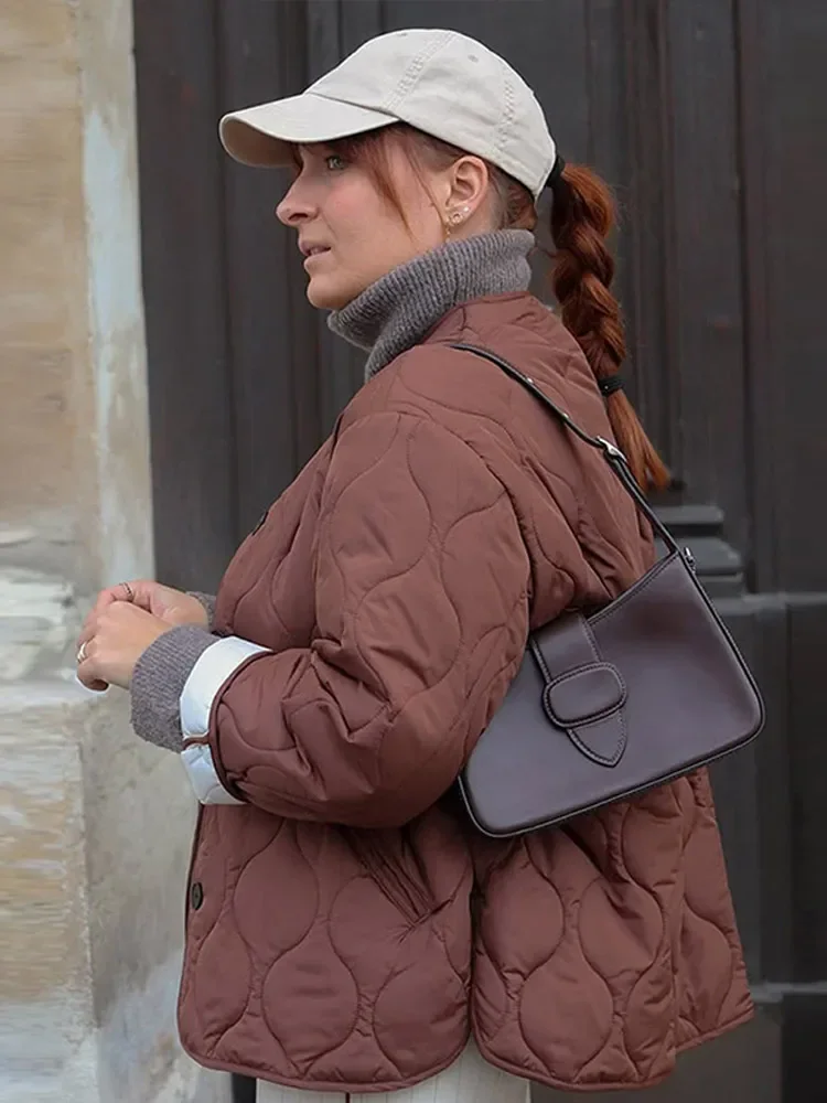 カジュアル無地チェック柄コットンショート厚手コート レディース 長袖 ラウンドネック シングルブレストジャケット 2025冬 デイリーストリートウェア