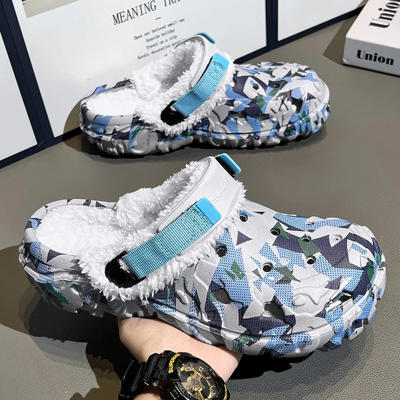 Men Camo Fleece Lined Clogs Big Size 48 49 Male Removable Plush Liner Warm Non‑Slip Winter Slippers for Indoor Outdoor