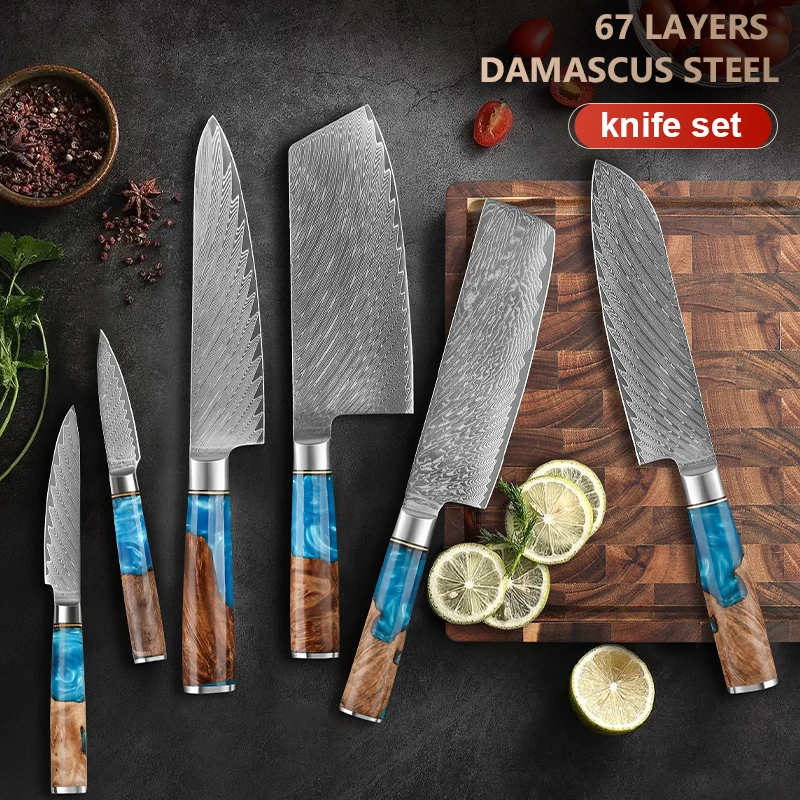 

1-6pcs Professional kitchen knife set Damascus Steel Set for Meat Cutting Sushi Peeling Blue Resin Wood Handle