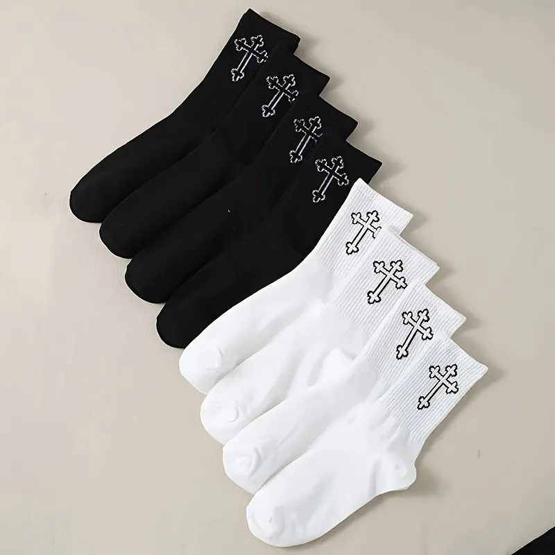 Eight-Pair Pack Solid Color Cross Pattern  Breathable Fashionable Comfortable Trendy Socks