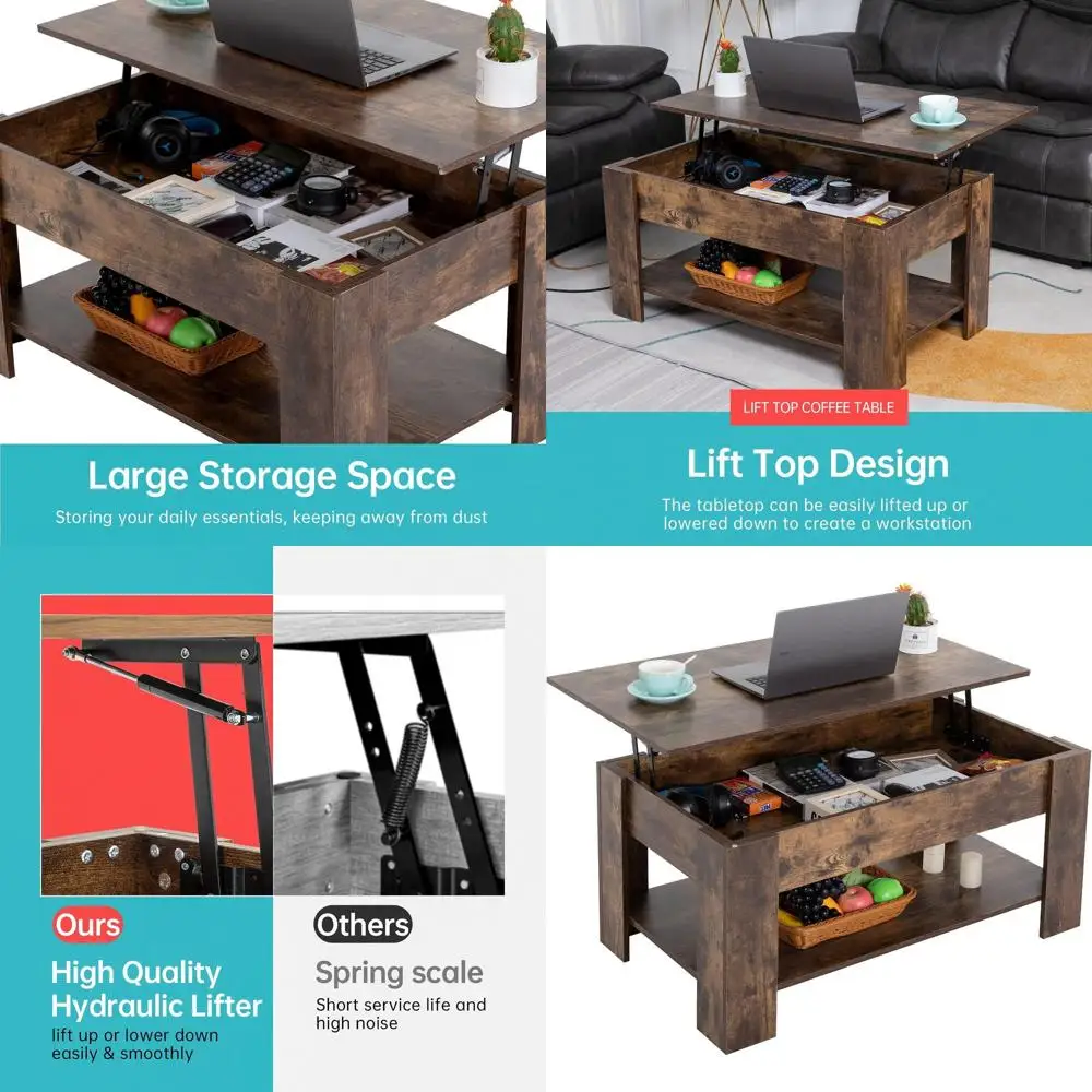 

Кофейный столик из коричневого дерева с откидной столешницей, тайником и полкой для хранения для дома, гостиной, приемной, офиса