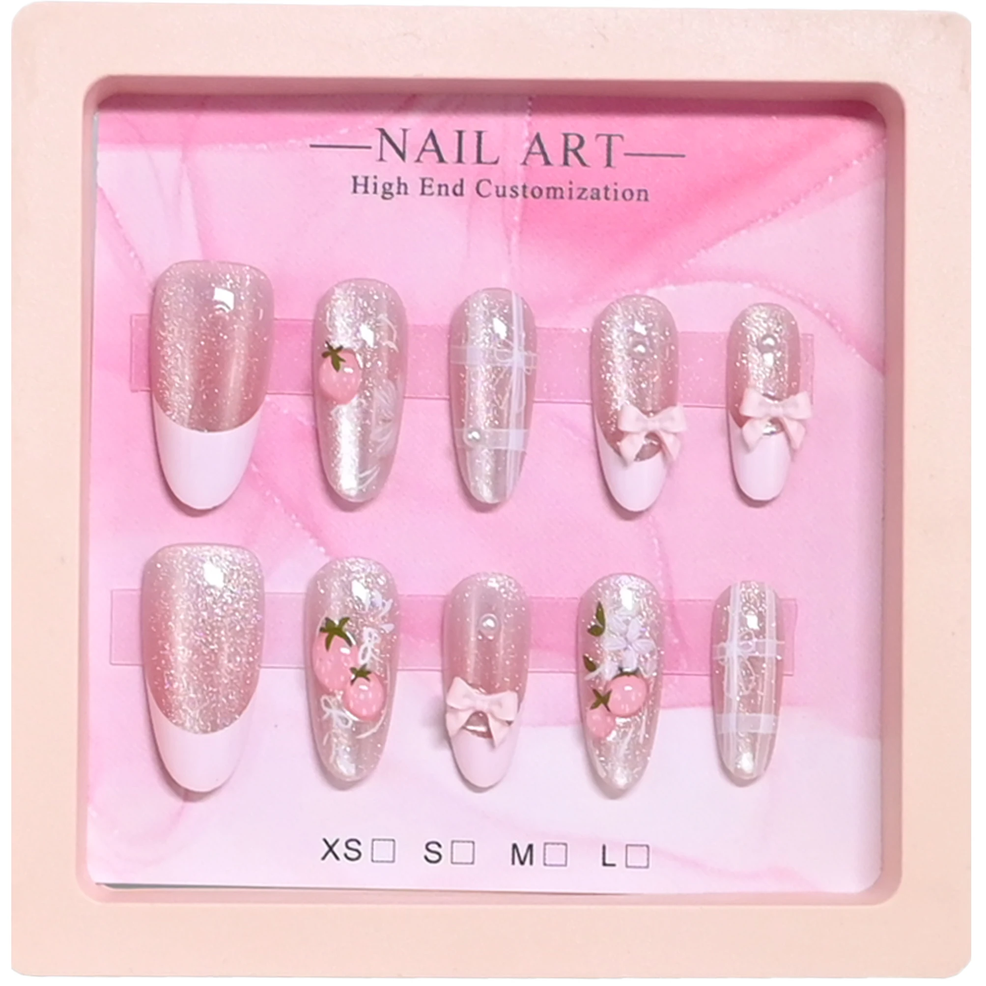 10 handmade almond nails in mirror pink case. Nude glitter base with white French, strawberry print & 3D bows. Reusable, sweet b - view 4