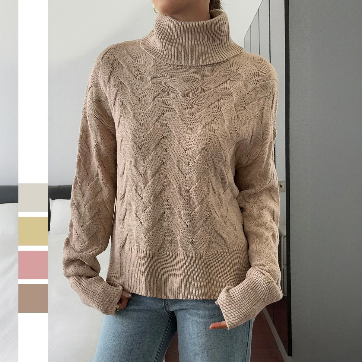 

Autumn Winter Women's Knitted Long Sleeved High Collar Casual Sweater Female Basic Pure Color Thick Woolen Jumpers Pullovers