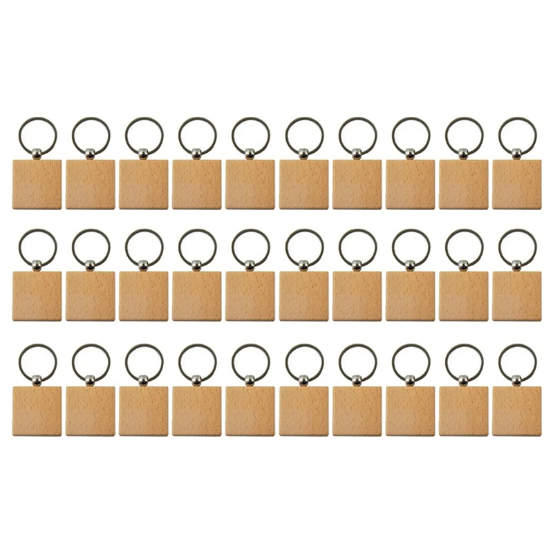 30Pcs Blank Square -Shaped Wooden Keychain DIY Wood Keychains Key Tags DIY Gifts