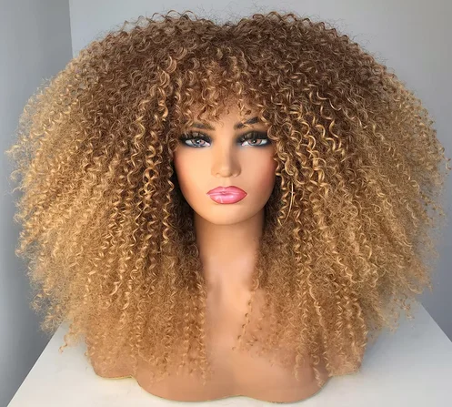 Peluca rizada Afro con flequillo, pelucas rizadas rubias sintéticas para mujeres negras, pelo Natural, fiesta de Cosplay, resistente al calor