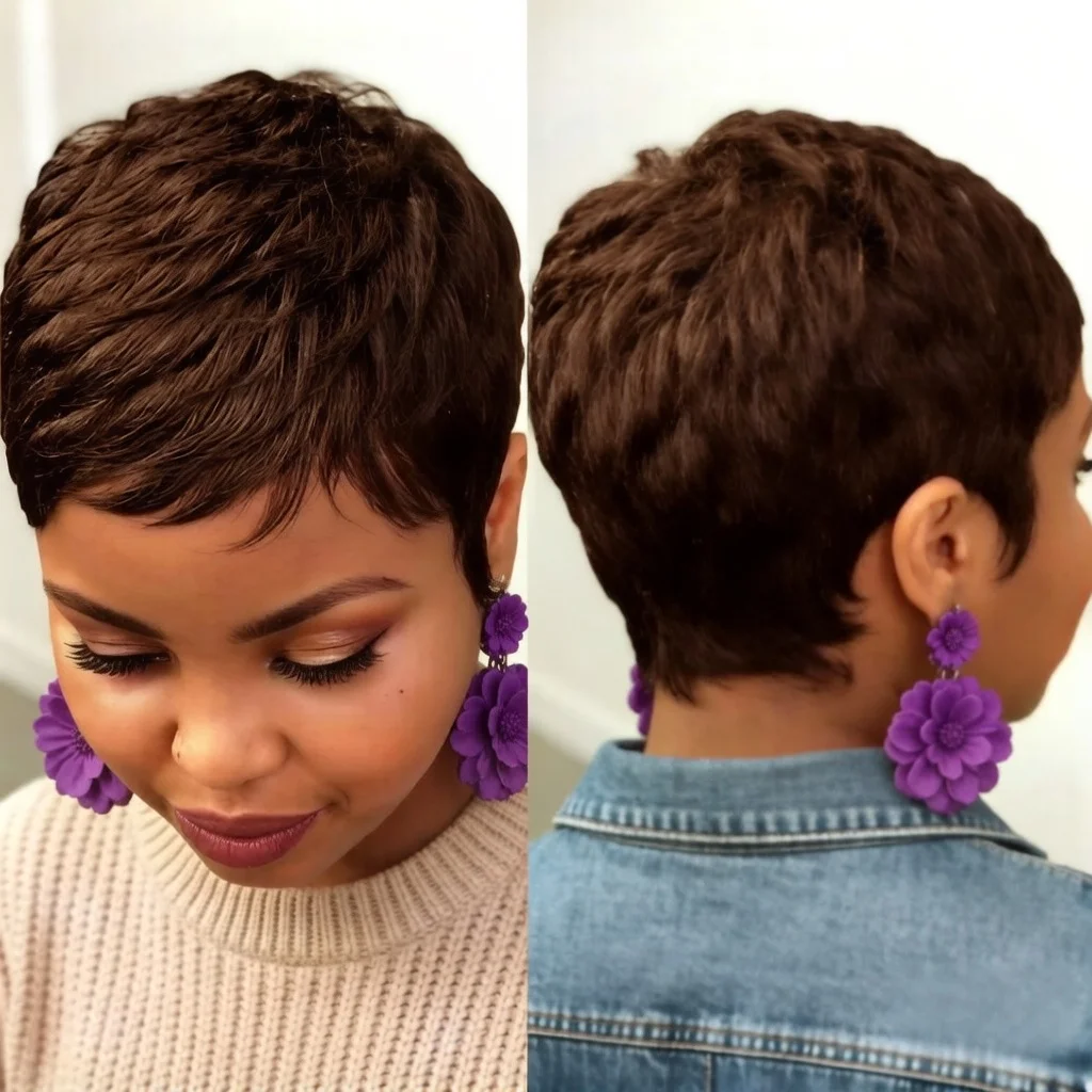 

Парик в стиле пикси для женщин: короткий, полностью машинной работы, из искусственных волос, в насыщенных бордовых и черных тонах, идеально подходит для быстрой укладки.