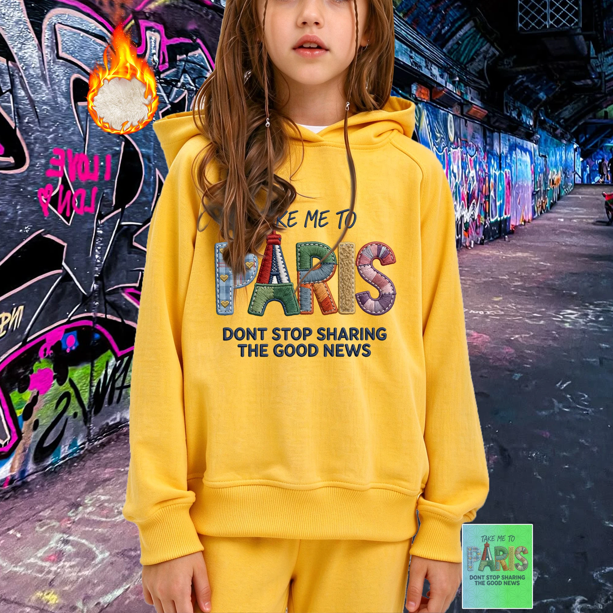 Girls Hoodie Paris Letter Printed Heat Transfer Graphic Kids Casual Hooded Sweatshirt For 3-14Y Autumn Daily Streetwear Tops