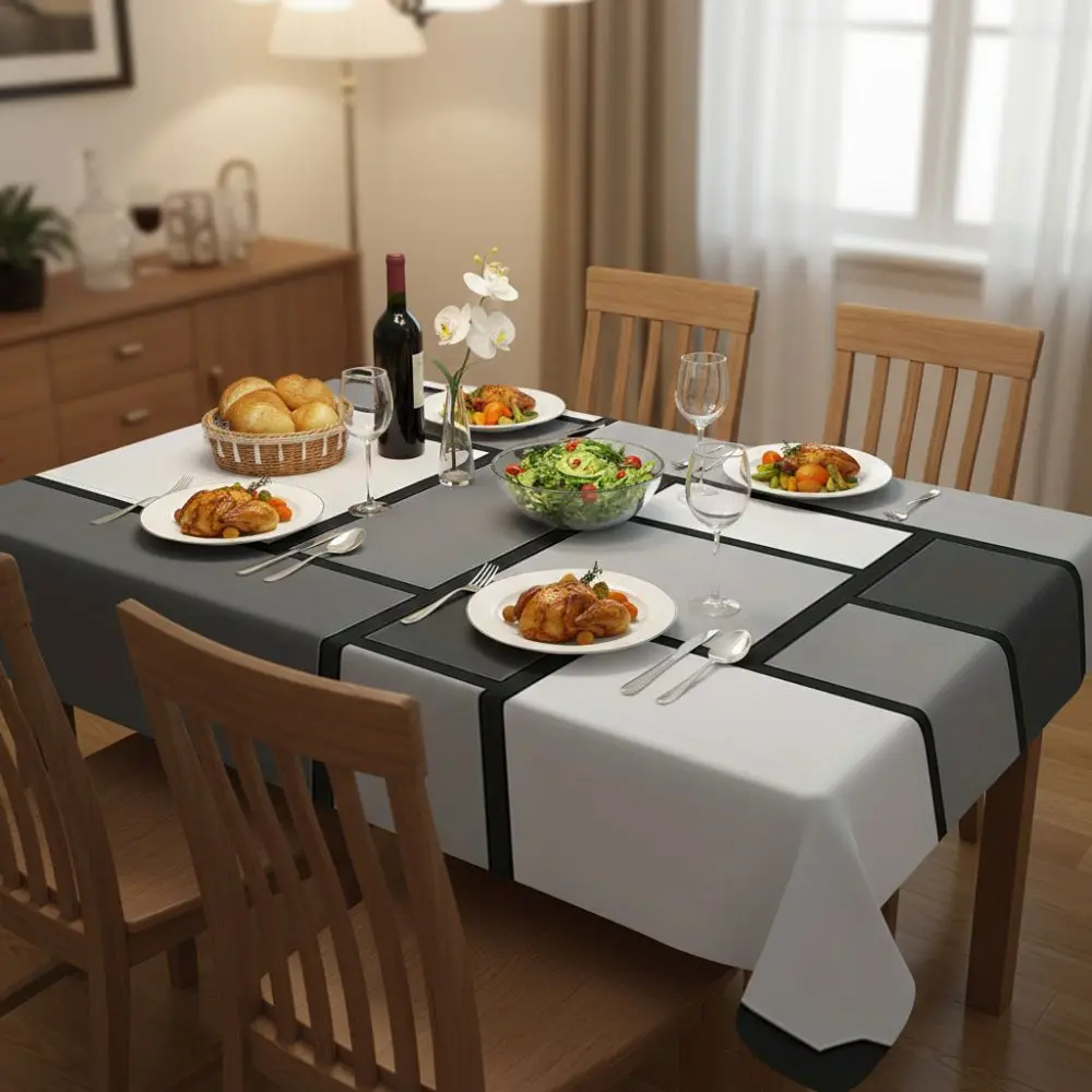White Gray Contrasting Geometric Splicing Tablecloth Modern Simple Style Non-slip Table Linen Rectangular Stain-resistant