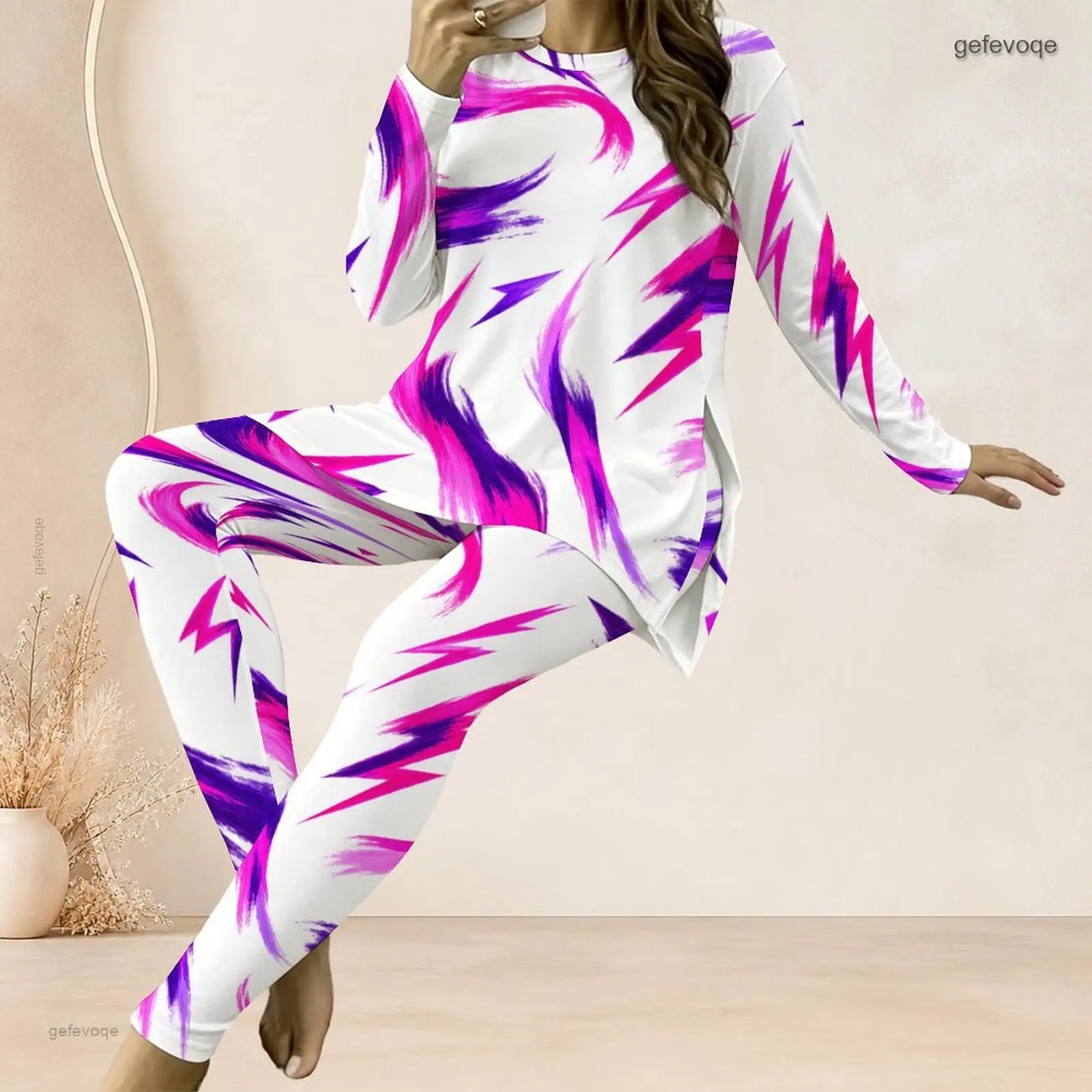 Women Printed Abstract Lightning Brush Pattern Round Neck Long Sleeve Top And Leggings Two Piece Set