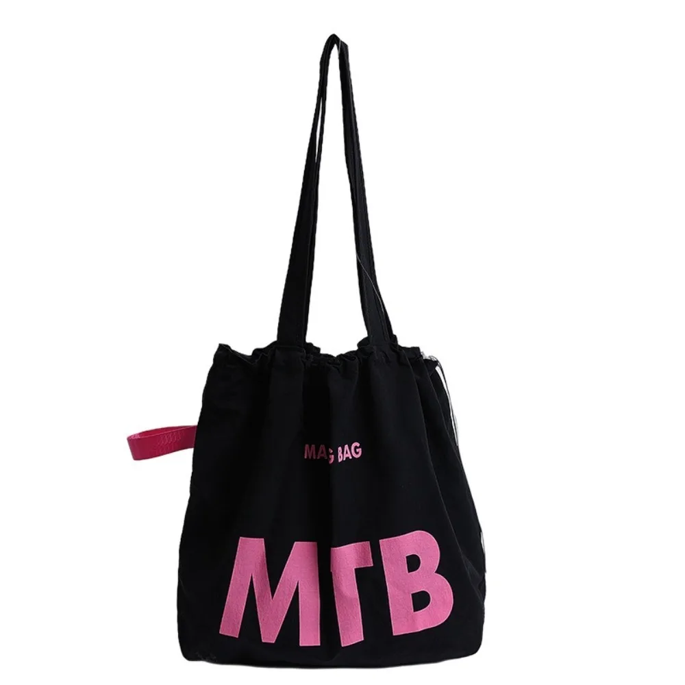 

Korean Solid Color Drawstring Bags Light Weight Nylon Letter Shoulder Bag Shopping Large Capacity Tote Bags Ladies